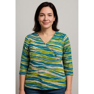 Ruby Rd. 2X Plus Abstract Beaded V-Neck 3/4 Sleeve Knit Top Blue Green Gold